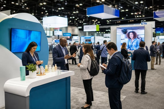 The image showcases a bustling trade show floor, filled with colorful and dynamic exhibit booths. In the foreground, a sleek, modern booth designed with vibrant graphics features an interactive display, drawing the attention of attendees. People are engaged in conversations, some are taking notes, while others are examining product samples. The background is a mix of various exhibits, each uniquely designed, creating a lively atmosphere. Overhead, banners hang from the ceiling, displaying logos and slogans. The lighting is bright and inviting, enhancing the vivid colors of the booths. A large screen in one booth showcases a promotional video, further attracting visitors. The scene captures the energy and excitement of networking and showcasing products in a competitive environment.