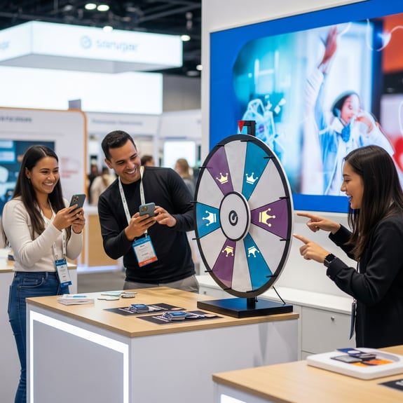 Trade show attendees taking photos while participating in an interactive game