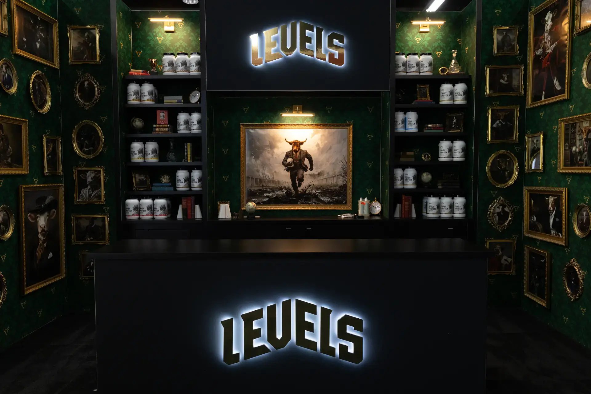 Halo-lit LEVELS logos on the header and black front counter, with a gold-framed painting under a brass picture light between product shelves