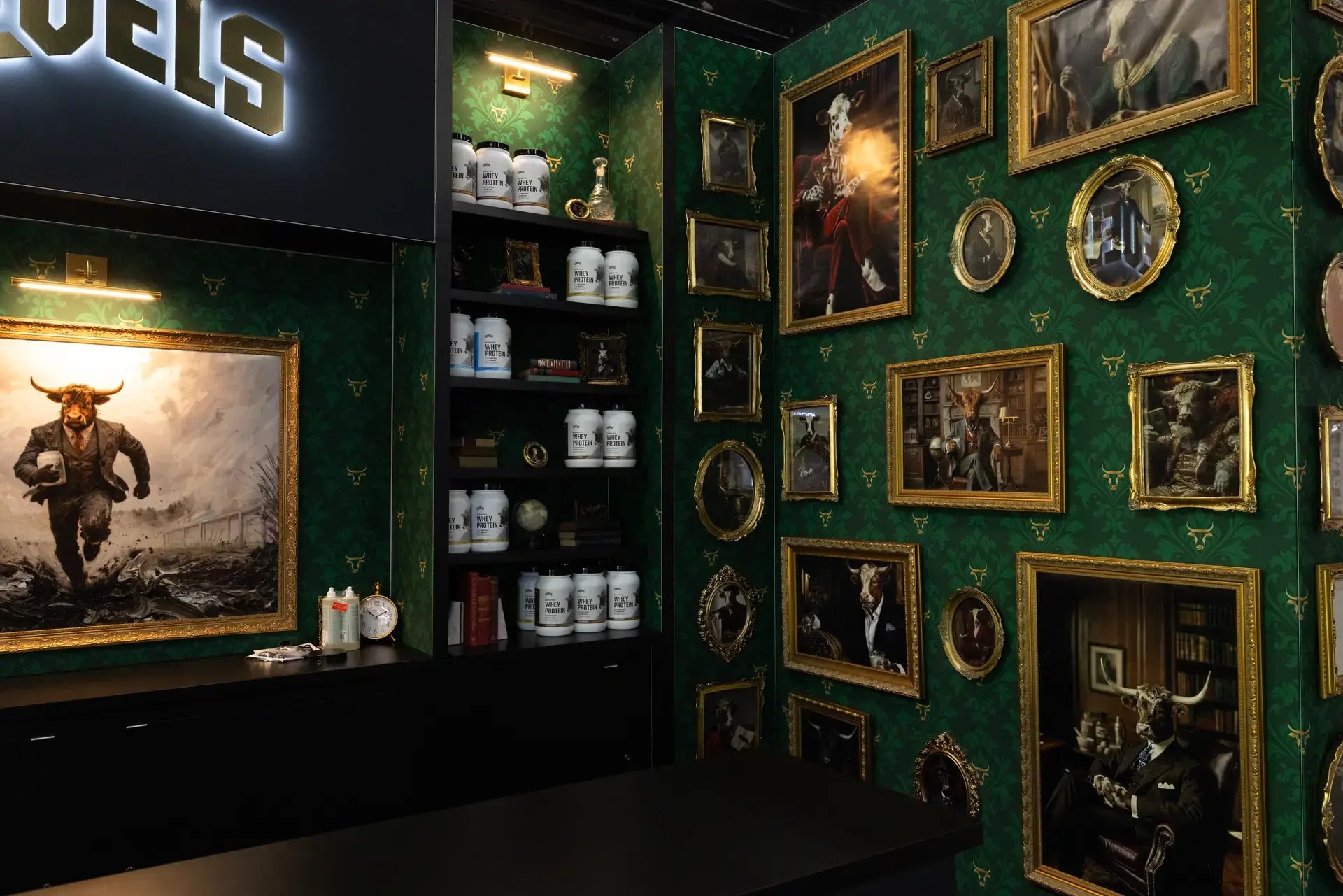 LEVELS whey protein on black shelves lit by a brass picture light, next to a gallery wall of gold-framed portraits