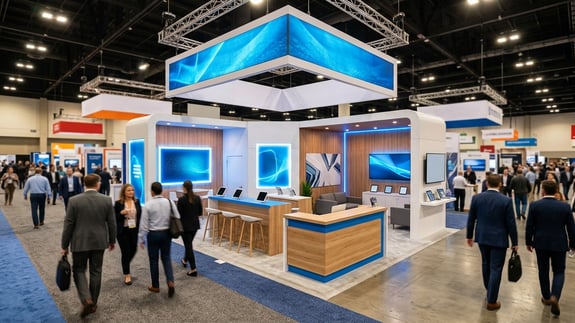 A polished custom-look island trade show booth with a wood counter and screens on a convention floor.